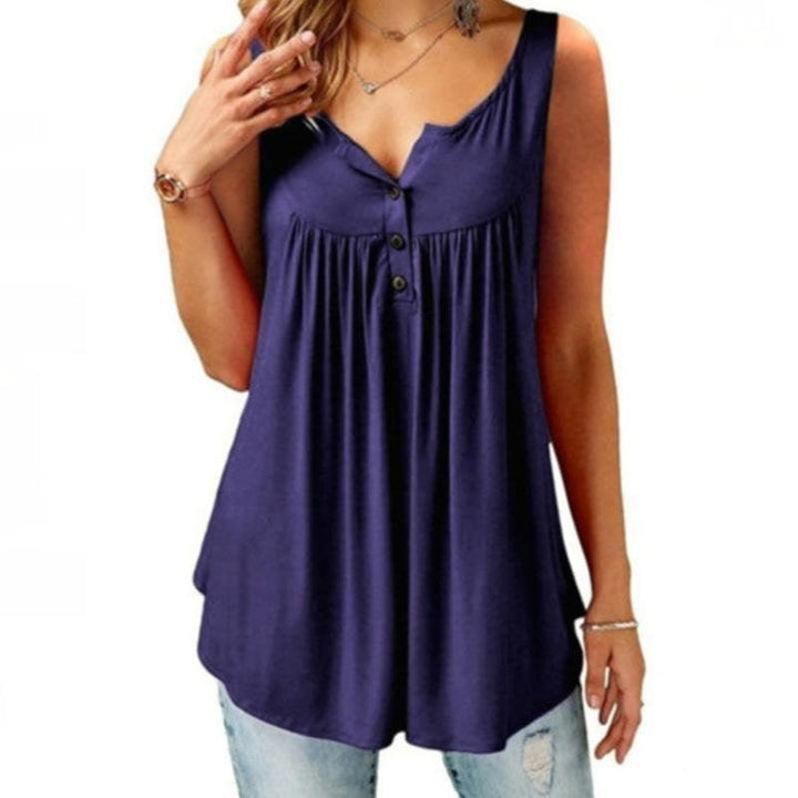 Solid Color Gathered Sleeveless Women's Casual T-Shirt Mid Length Button Vest - MRSLM