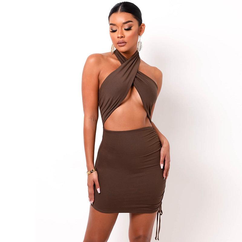 Pure Color Cross Halter Halter Back And Navel Sexy Dress - MRSLM