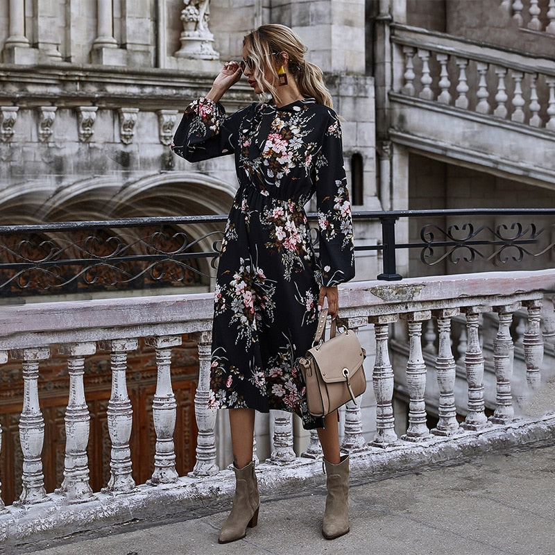 Women's Puff Sleeved Floral Printed Dress