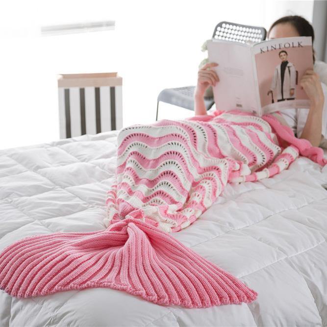 95x195CM Yarn Knitting Mermaid Tail Blanket Wave Stripe Warm Super Soft Sleep Bag Bed Mat - MRSLM