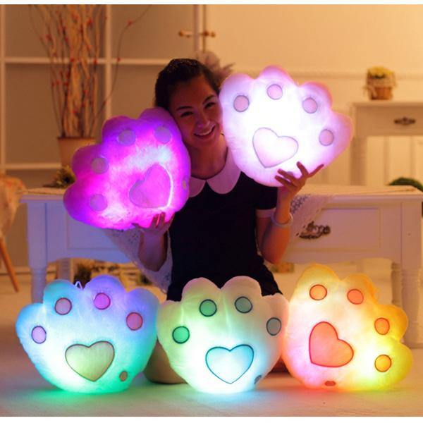 Plush Colorful LED Light Music Bear Paw Shape Throw Pillow Home Sofa Decor Festival Birthday Gift - MRSLM