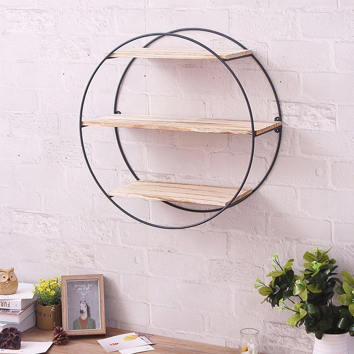 Retro Round Wood Iron Craft Wall Shelf Rack Storage Industrial Style Home Decorations - MRSLM