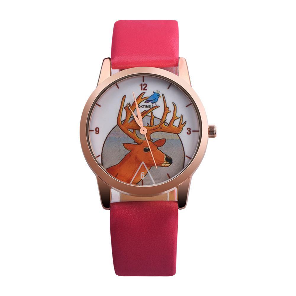 Fashion Christmas Deer Faux Leather Band Quartz Analog Wrist Watch Student Gift - MRSLM