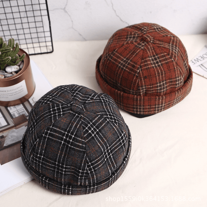 Landlord Cap Dome Cap Innocent Plaid Sailor Cap Street Trends Melon Stripe Brimless Hats Skull Cap - MRSLM