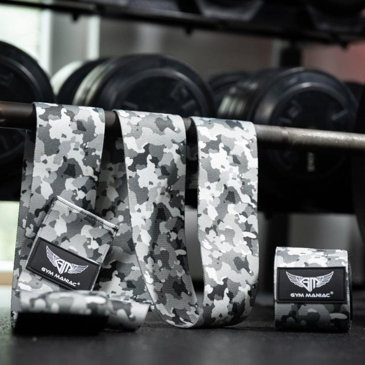 Gym Maniac Light Gray Camo GM Support Compression Knee Wraps - MRSLM