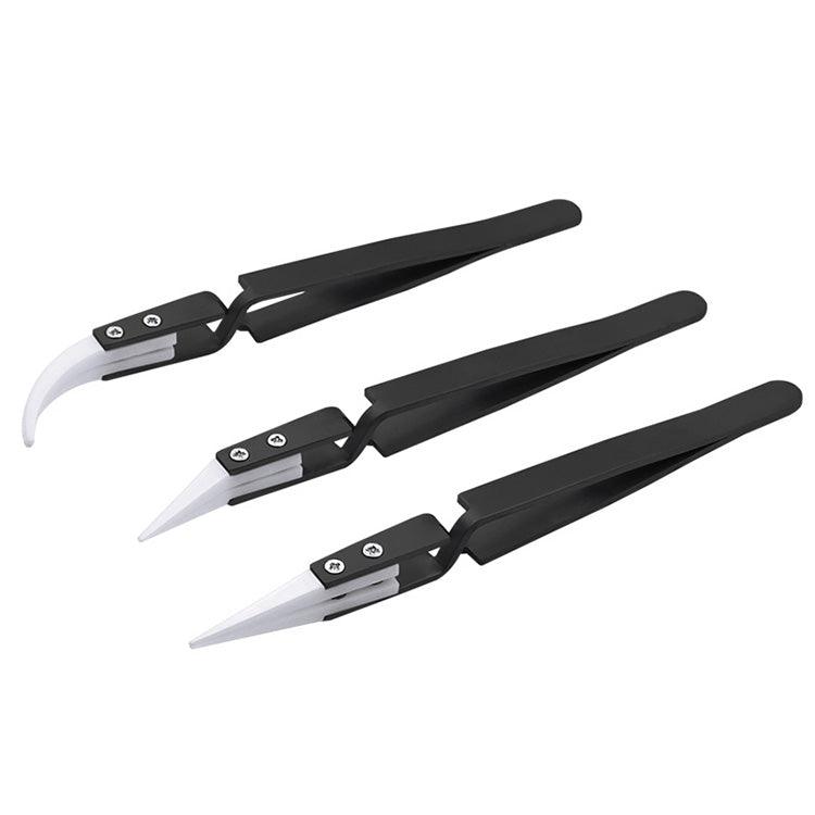 3PCS Anti-Static Reverse Ceramic Tweezers Stainless Steel Electronic CIigarette Heat Resistant Conductive Curved Straight Tweezers - MRSLM