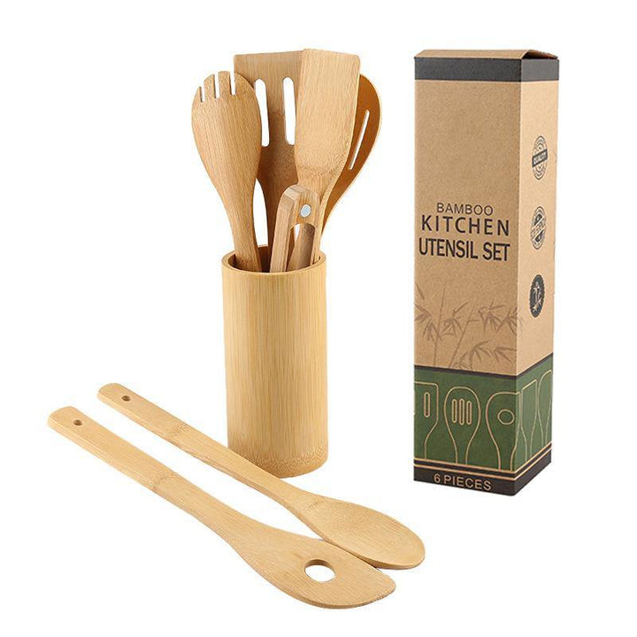 Bamboo Spatula Set with Square Holder Eco-Friendly with Ergonomic Handle Kitchen Utensil - MRSLM