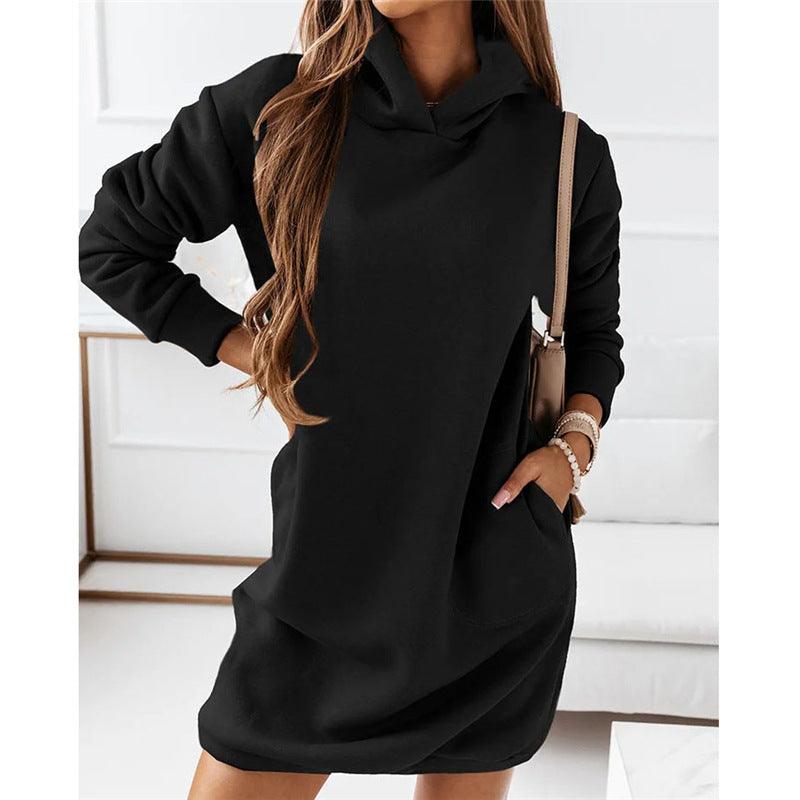 Fashion Hooded Long-sleeved Solid Color Women's Dress - MRSLM