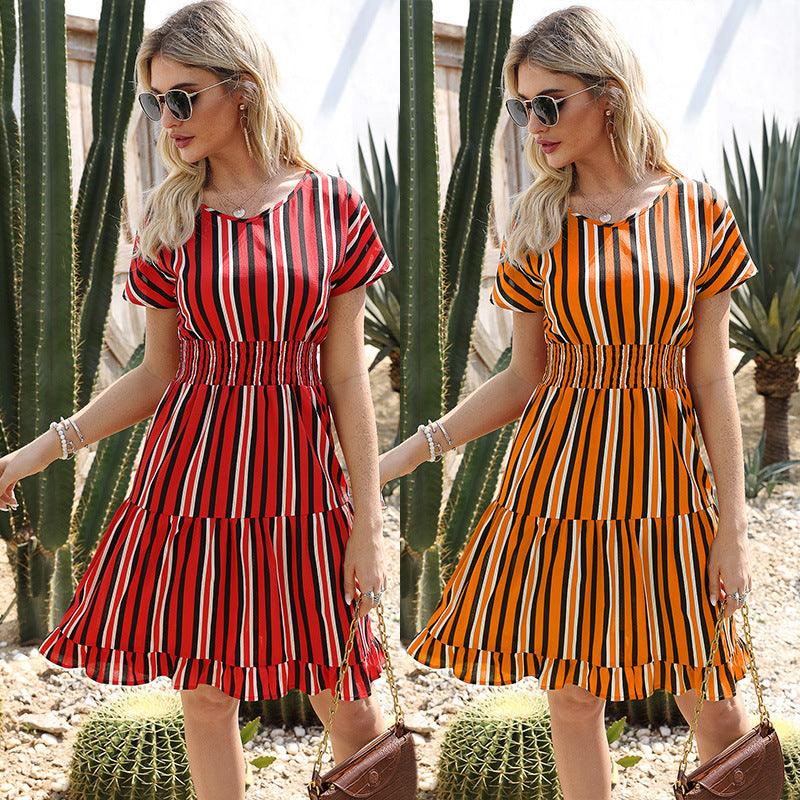 Multi-section stitching striped ruffle dress - MRSLM