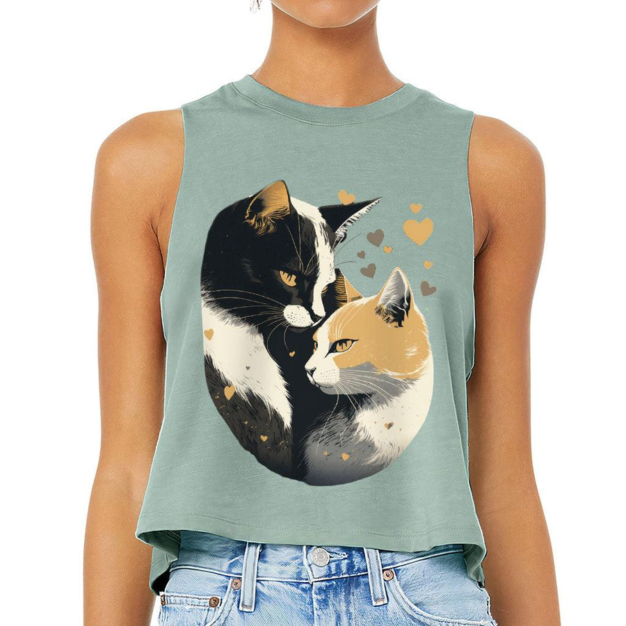 Cat Love Racerback Cropped Tank - Couple Style Women's Tank - Printed Tank Top - MRSLM