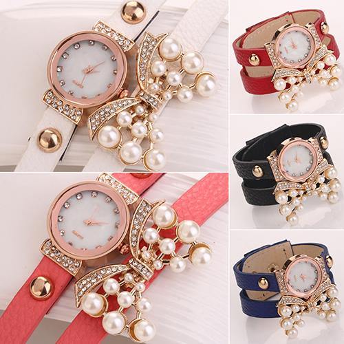 Women's Butterfly Faux Pearls Bracelet Faux Leather Rhinestone Wrap Wrist Watch - MRSLM