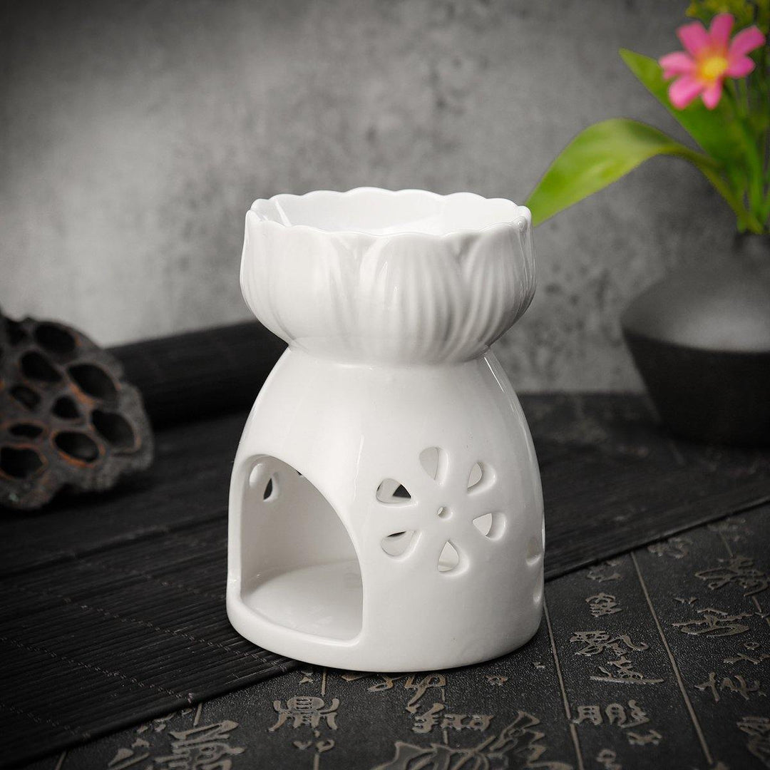 Lotus Flower Ceramic Oil Incense Burner Tea Light Holder Home Fragrance White - MRSLM