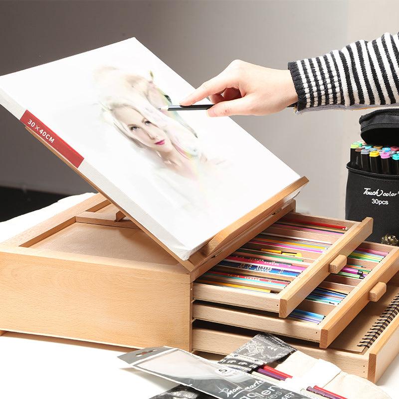 3-layer Artist Wooden Easel Tabletop Portable Painting Box Easel with Storage Drawer - MRSLM