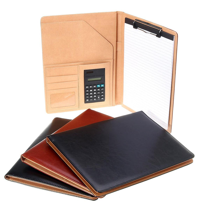 A4 Folder Soft Leather Portfolio Organiser with Calculator Travel Journal Daily Plan Notebook Business Office Writing - MRSLM