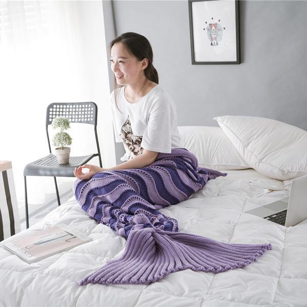 95x195CM Yarn Knitting Mermaid Tail Blanket Wave Stripe Warm Super Soft Sleep Bag Bed Mat - MRSLM