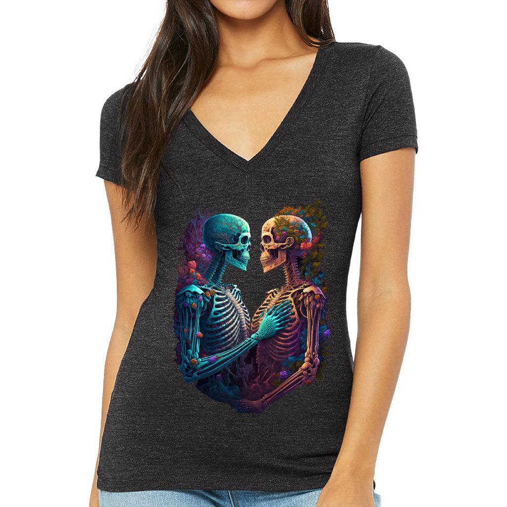 Skeleton Couple Women's V-Neck T-Shirt - Floral V-Neck Tee - Printed T-Shirt - MRSLM