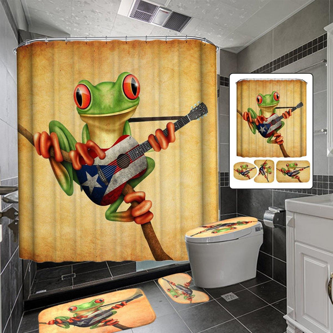 Frog Playing Guitar Bathroom Shower Curtain Anti-skid Bath Carpet Rugs Toilet Seat Cover Bath Mat Set - MRSLM