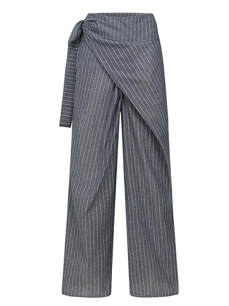 Women Stripe Print Asymmetrical Bandage Design Casual Wide Leg Pants - MRSLM