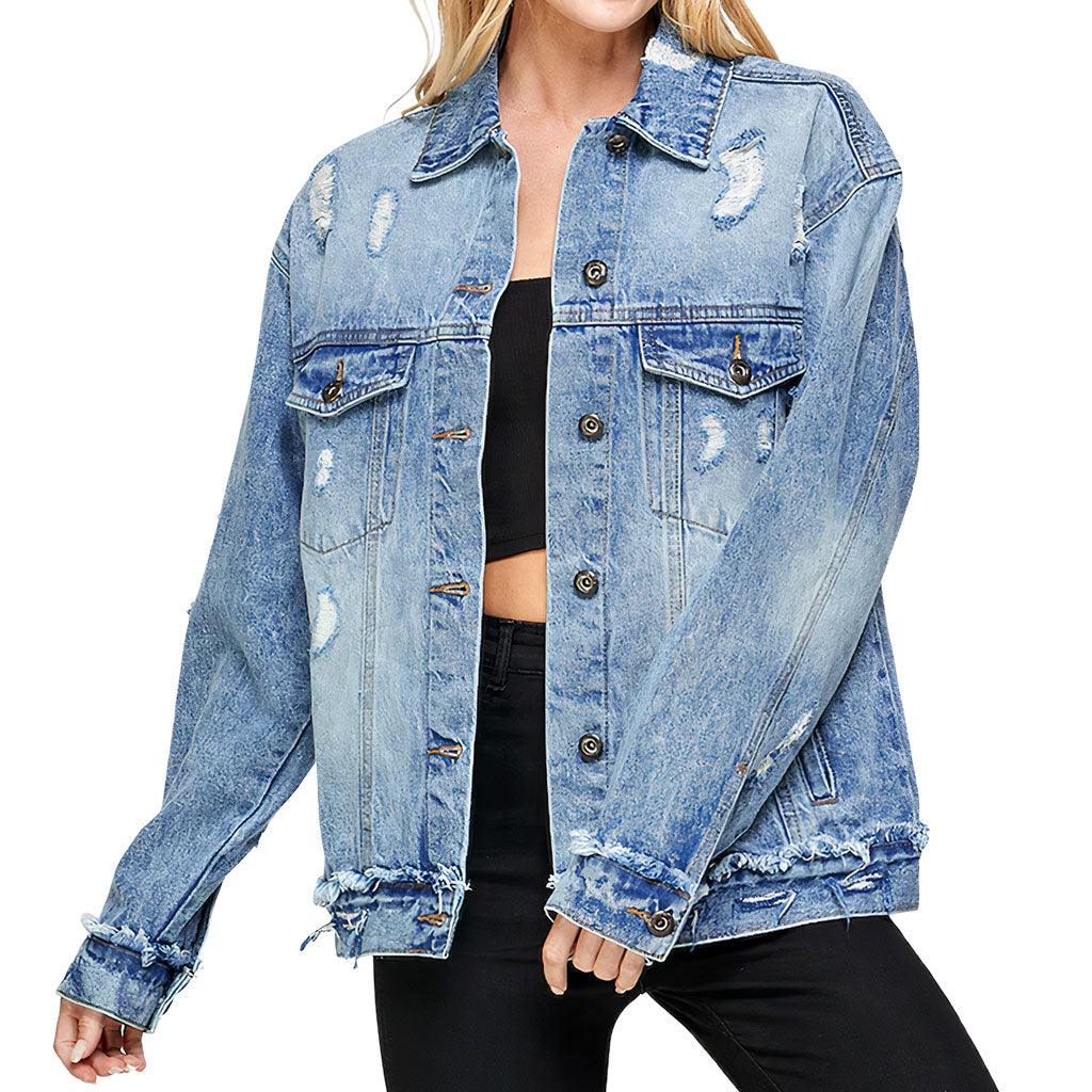 Status Happy Women's Oversized Denim Jacket - Cute Ladies Denim Jacket - Printed Denim Jacket - MRSLM