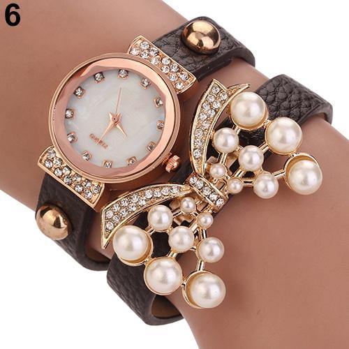 Women's Butterfly Faux Pearls Bracelet Faux Leather Rhinestone Wrap Wrist Watch - MRSLM