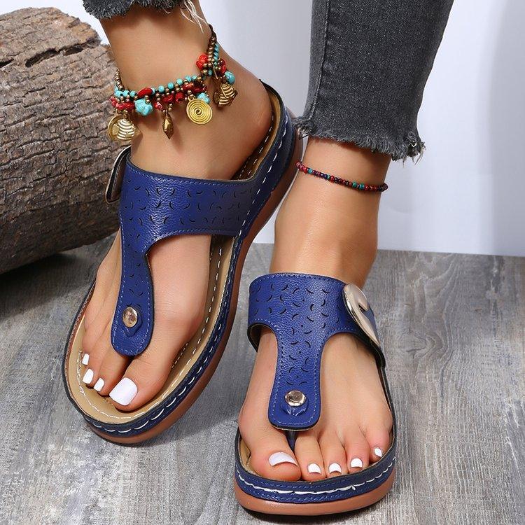 Women's New Round Head Hollow Metal Buckle Wedge Heel Comfortable Toe Sandals - MRSLM