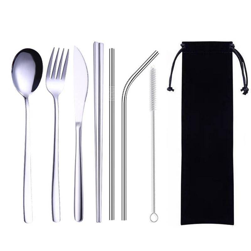 8Pcs Titanium-Plated 304 Stainless Steel Cutlery Set Knife Fork Spoon Chopsticks And Straw Combination - MRSLM