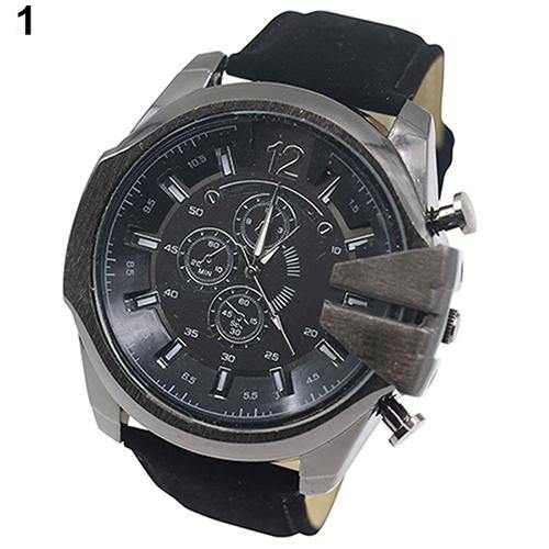 Men's Fashion Analog Sport Stainless Steel Case Quartz Faux Leather Wrist Watch - MRSLM