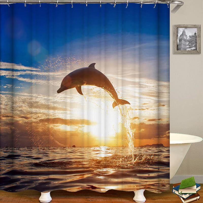 Dolphin Pattern Shower Curtain Waterproof Fabric Bath Accessory 3D Printing Ocean Curtain for Bathroom Green - MRSLM