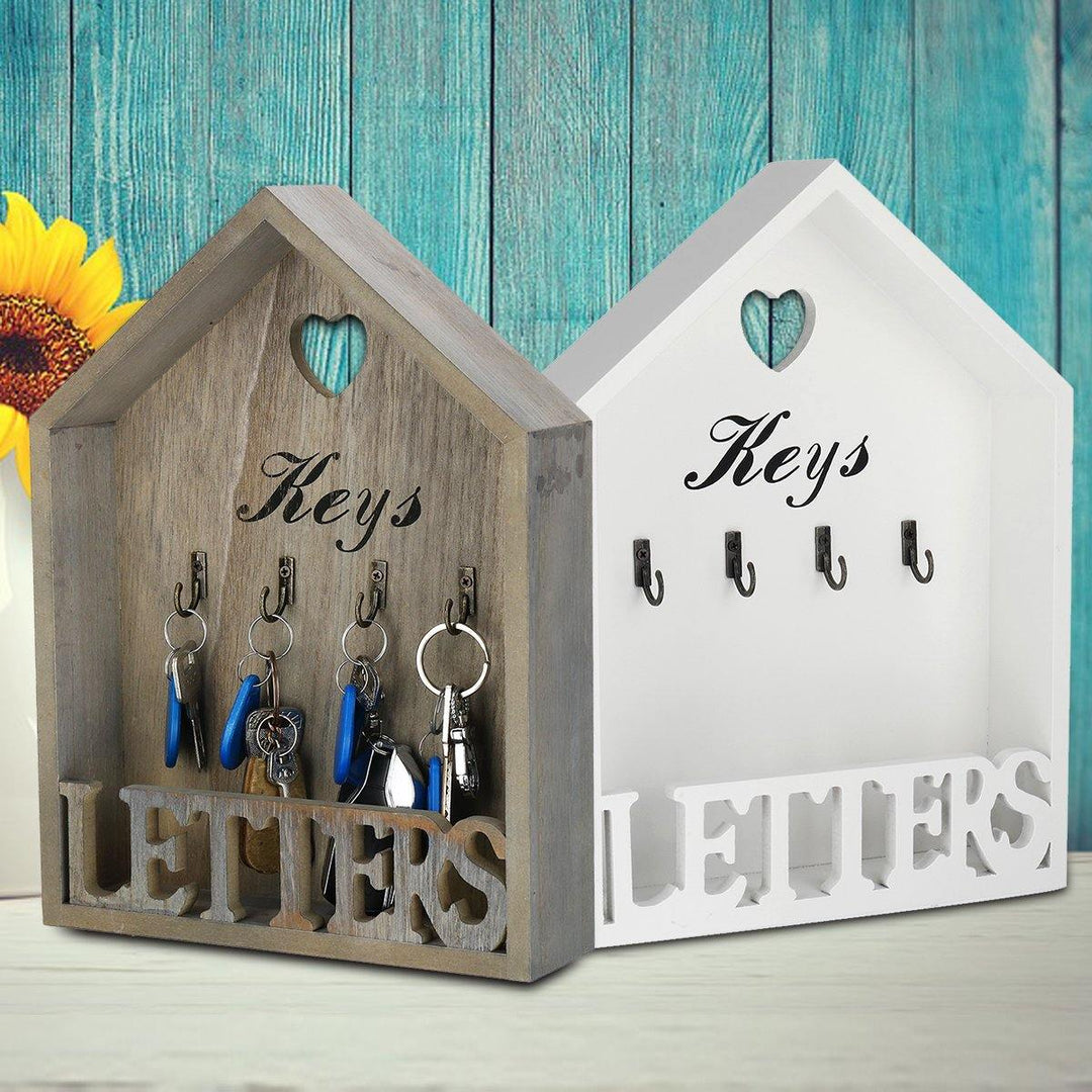 Vintage Wooden Key Holder Storage & Letter Shelf Rack Shabby Chic Wall Mounted 4 Hooks - MRSLM