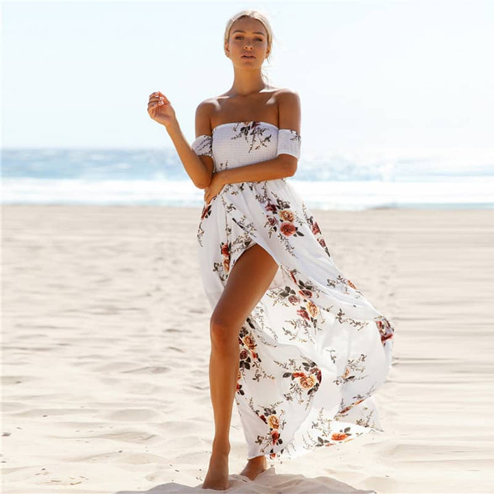 Women's Boho Off Shoulder Dress With Floral Print