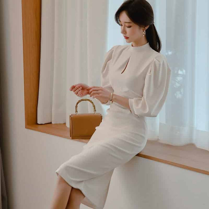 Women's Stand Collar Puff Sleeve White Dress