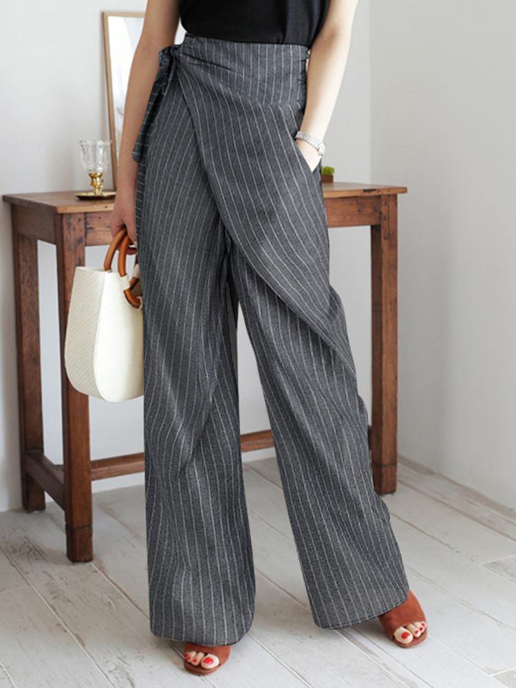 Women Stripe Print Asymmetrical Bandage Design Casual Wide Leg Pants - MRSLM