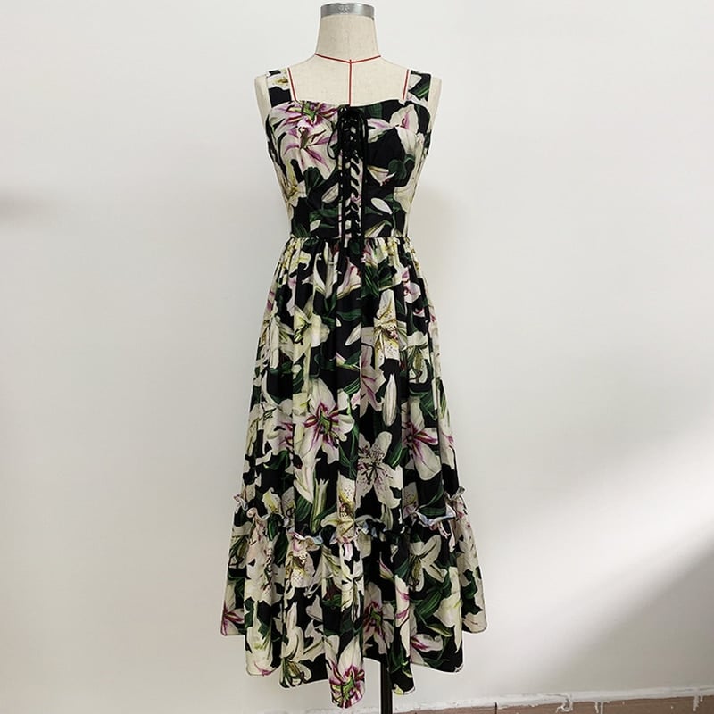 Women's Lily Print Lacing Up Dress