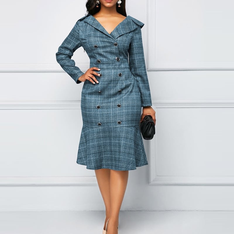 Women's Office Pencil Plaided Dress