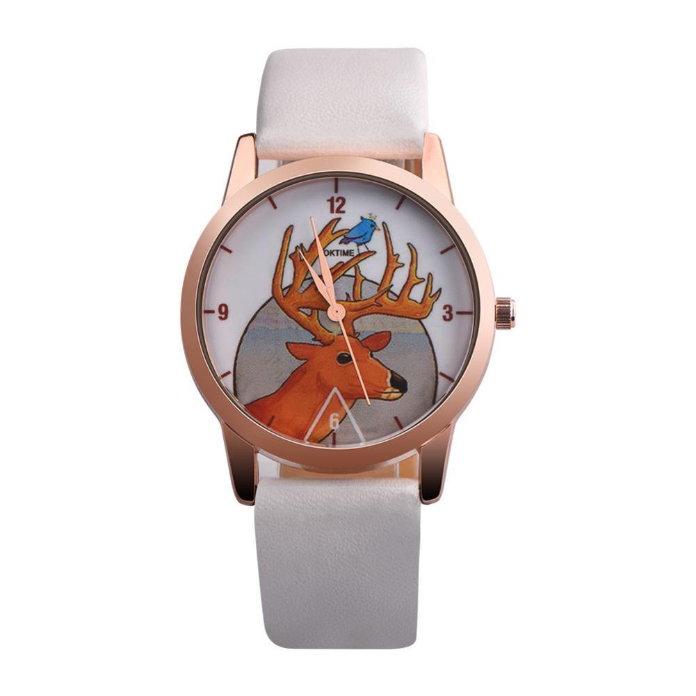 Fashion Christmas Deer Faux Leather Band Quartz Analog Wrist Watch Student Gift - MRSLM