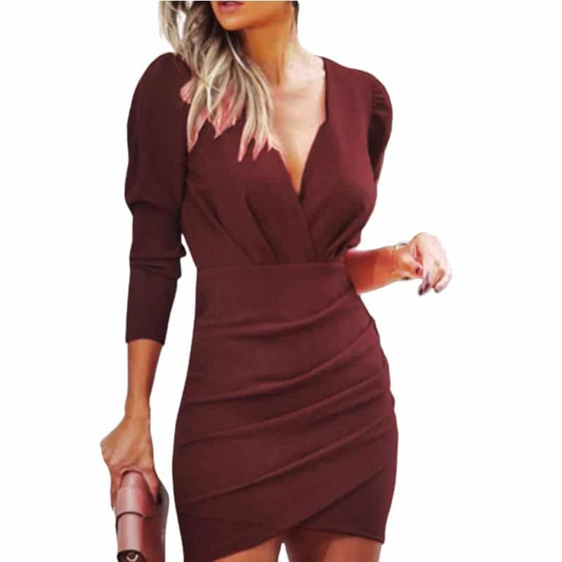 Women's Slim Mini Dress with V-Neck and Long Sleeves