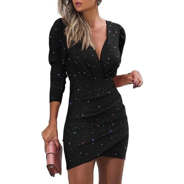 Women's Slim Mini Dress with V-Neck and Long Sleeves