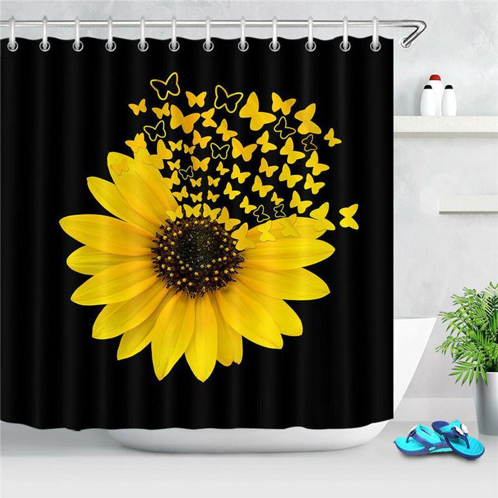 Sunflower Butterfly Print Waterproof Bathroom Shower Curtain Toilet Cover Carpet Toilet Mat Set Decor - MRSLM