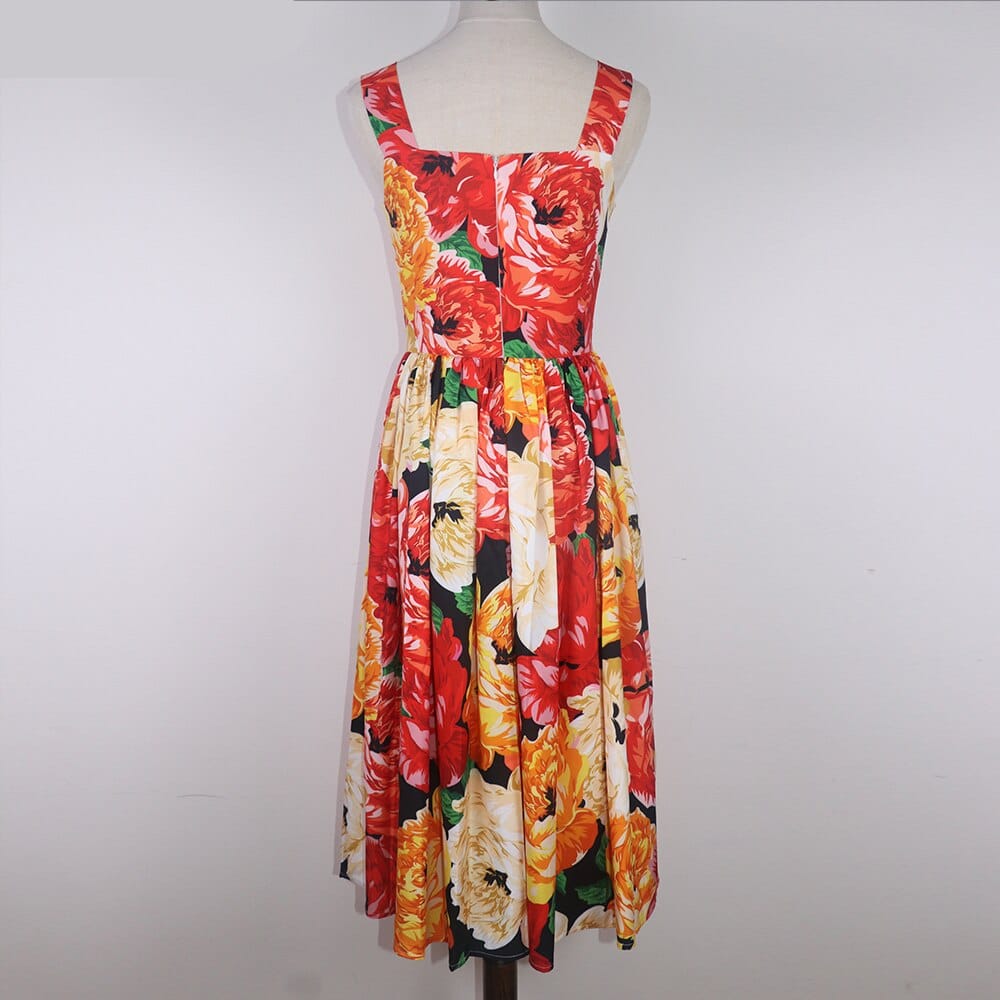 Women's Spaghetti Strap Backless Midi Dress with Floral Print