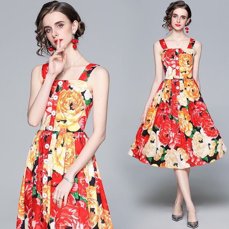 Women's Spaghetti Strap Backless Midi Dress with Floral Print