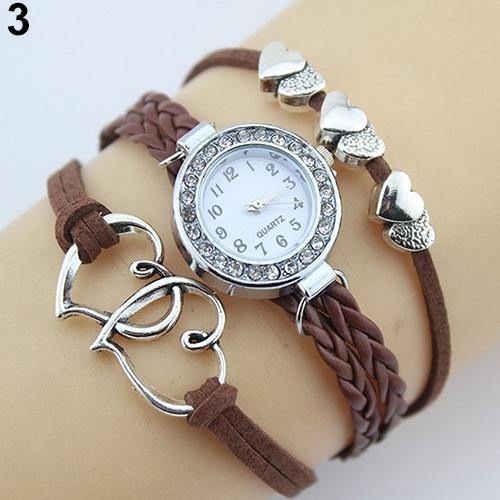 Double Heart Multilayer Cuff Bracelet Wristwatch Faux Leather Knited Bangle Watch - MRSLM