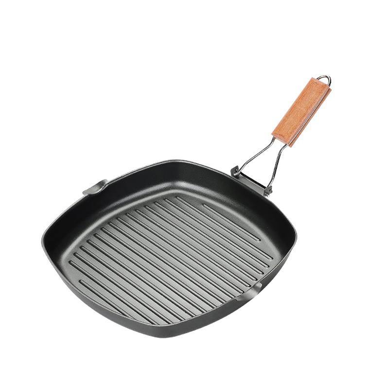 Cast Iron Steak Grill Pans Non-Stick Wooden Handle Folding for Kitchen Fry Cooking Portable Square Steak Pans - MRSLM