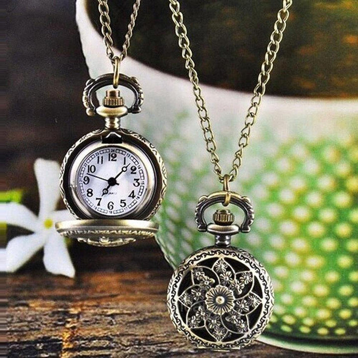 Unisex Vintage Hollow Windmill Bronze Quartz Pocket Watch Pendant Necklace - MRSLM