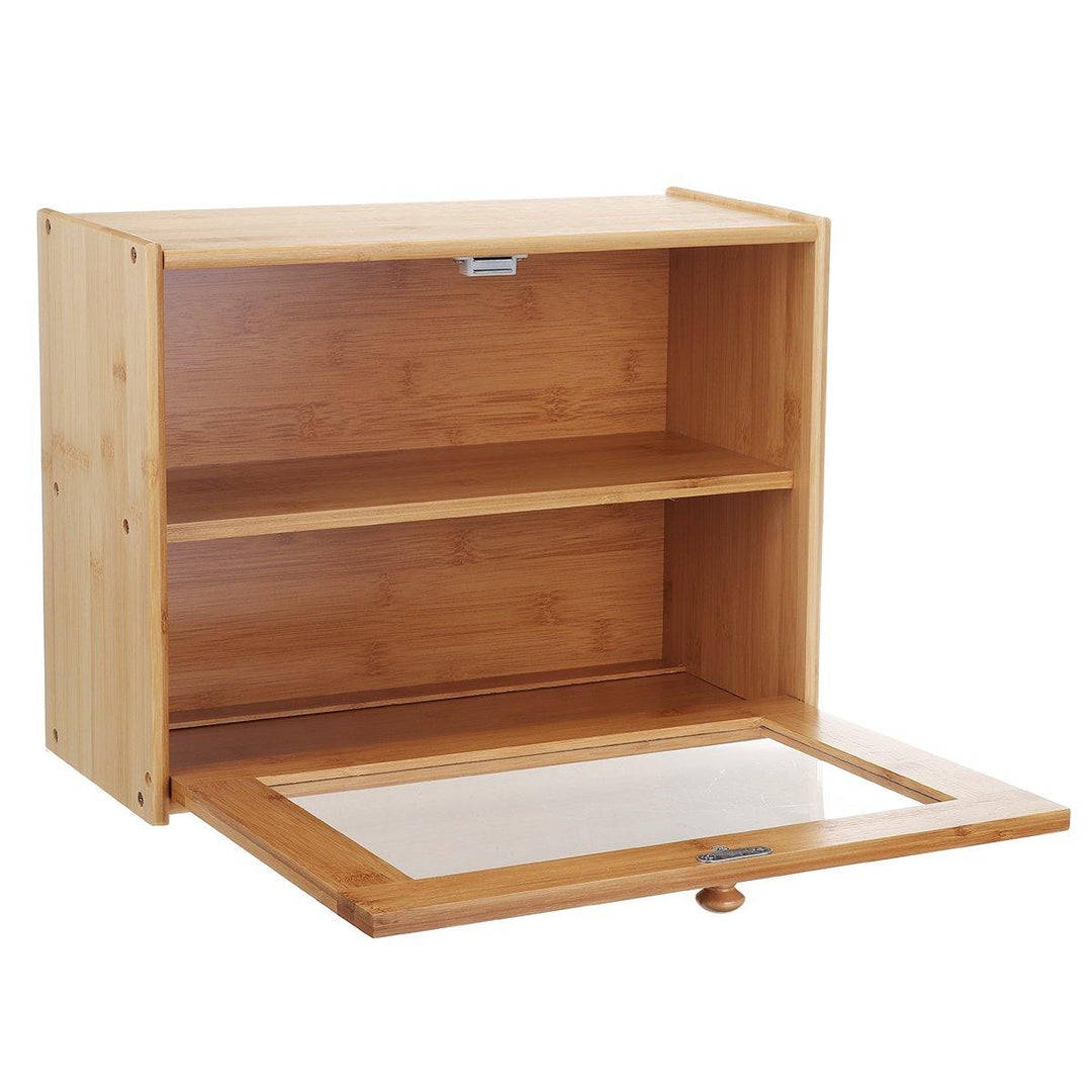 2 Tier Kitchen Wooden Bamboo Bread Bin Storage Crock Canister Large Bread Food Bins Cabinet - MRSLM