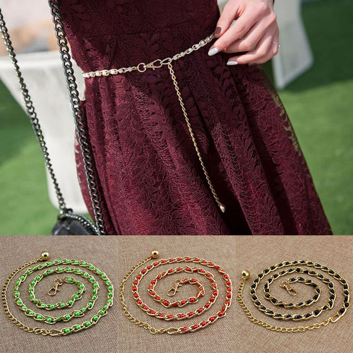 Women Faux Pearl Metal Thin Waist Chain Belt Bead Tie Waistband Strap Fashion - MRSLM