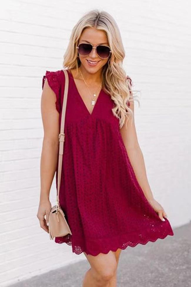 Lace Jacquard Cutout V-Neck Dress - MRSLM