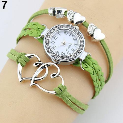 Double Heart Multilayer Cuff Bracelet Wristwatch Faux Leather Knited Bangle Watch - MRSLM