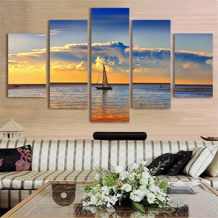 5Pcs Sunset Sailing Boat Canvas Print Paintings Wall Decorative Print Art Pictures Frameless Wall Hanging Decorations for Home Office - MRSLM