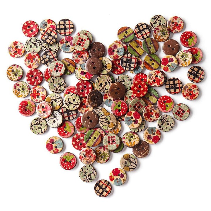 100 PCS Round Pattern Wooden Button Mixed 2 Hole Natural Sewing Children Handmade Clothes Buttons (1) - MRSLM