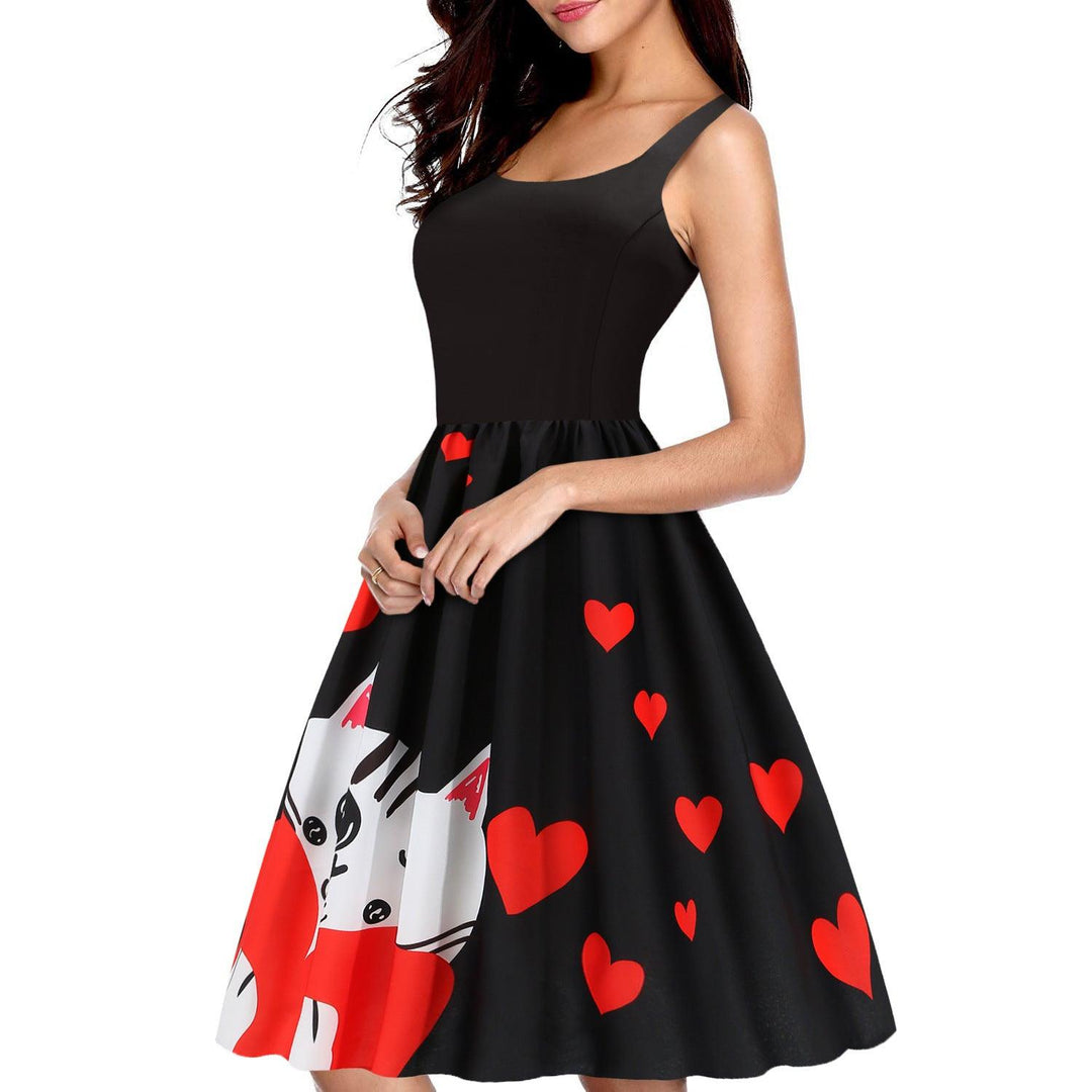 Valentines Day Temperament Stitching Heart Shaped Print Swing Dress - MRSLM